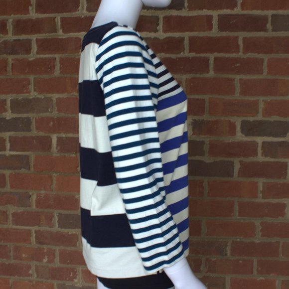 J. Crew | Patchwork Striped 3/4 Sleeve Shirt | Blue-White-Cream | F1456 | Size M - Picture 4 of 11